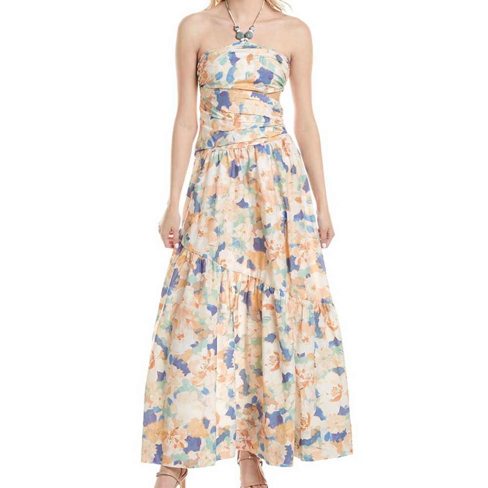 Astr Linnea: Strapless Floral Maxi Dress - Blue and Orange